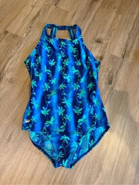 Speedo Blue and Green Floral High-Neck One-Piece Swimwear